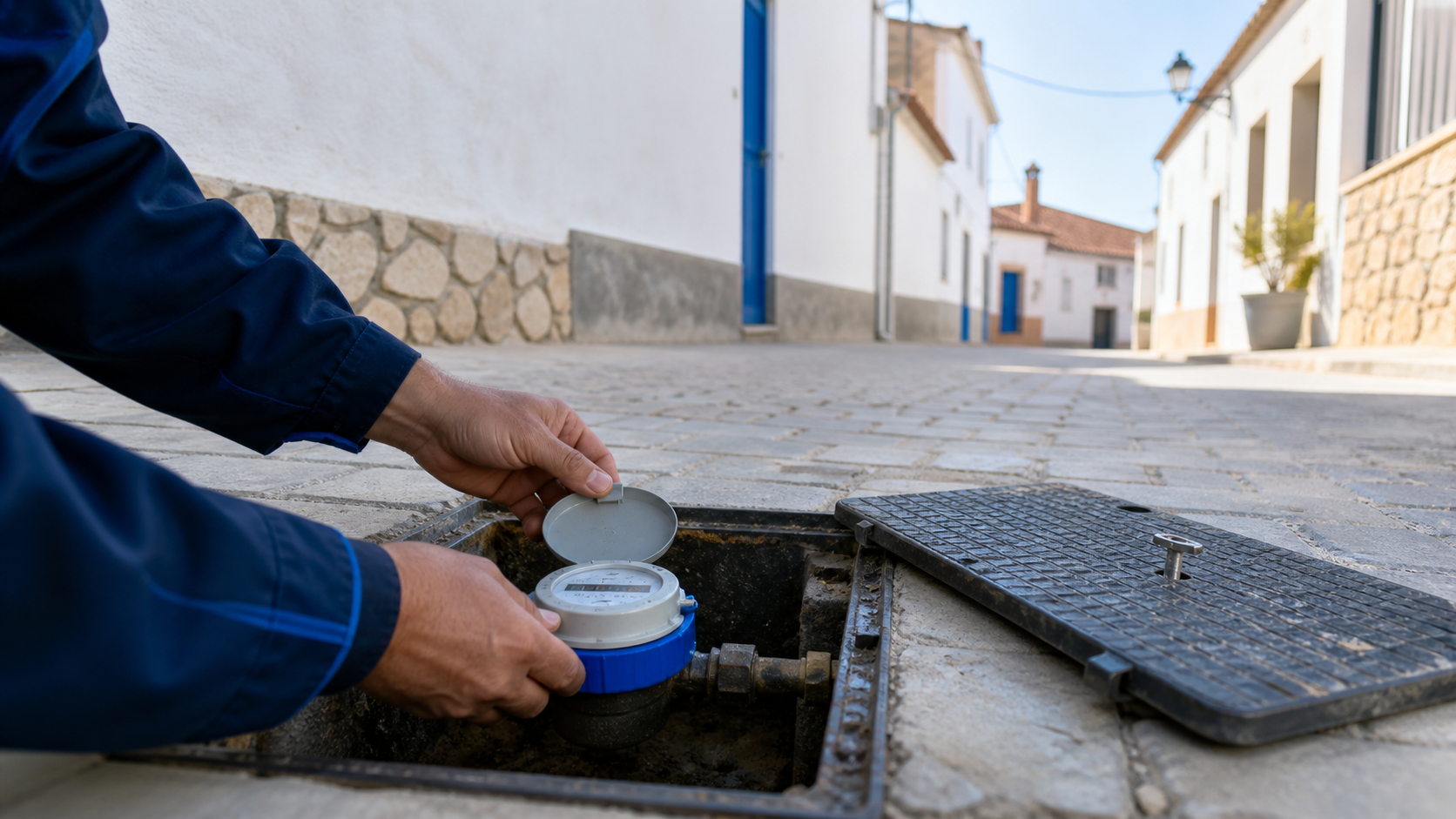 Contador de agua revisado en una calle de un pueblo