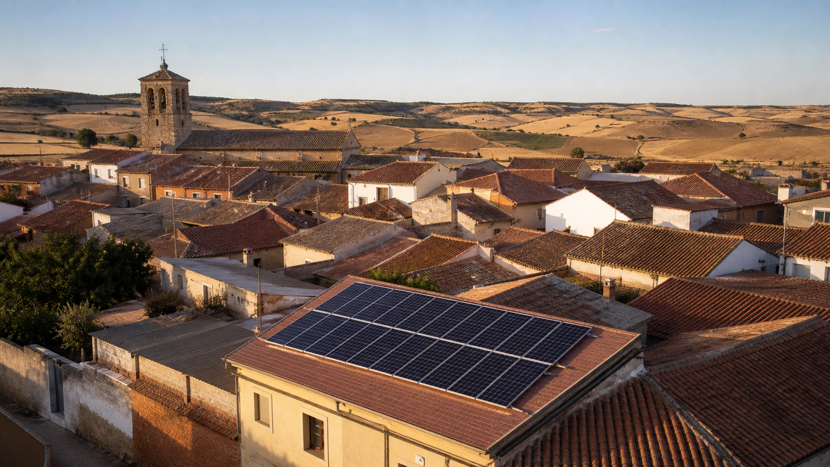 Paneles solares sobre un tejado de un pueblo de Castilla-La Mancha