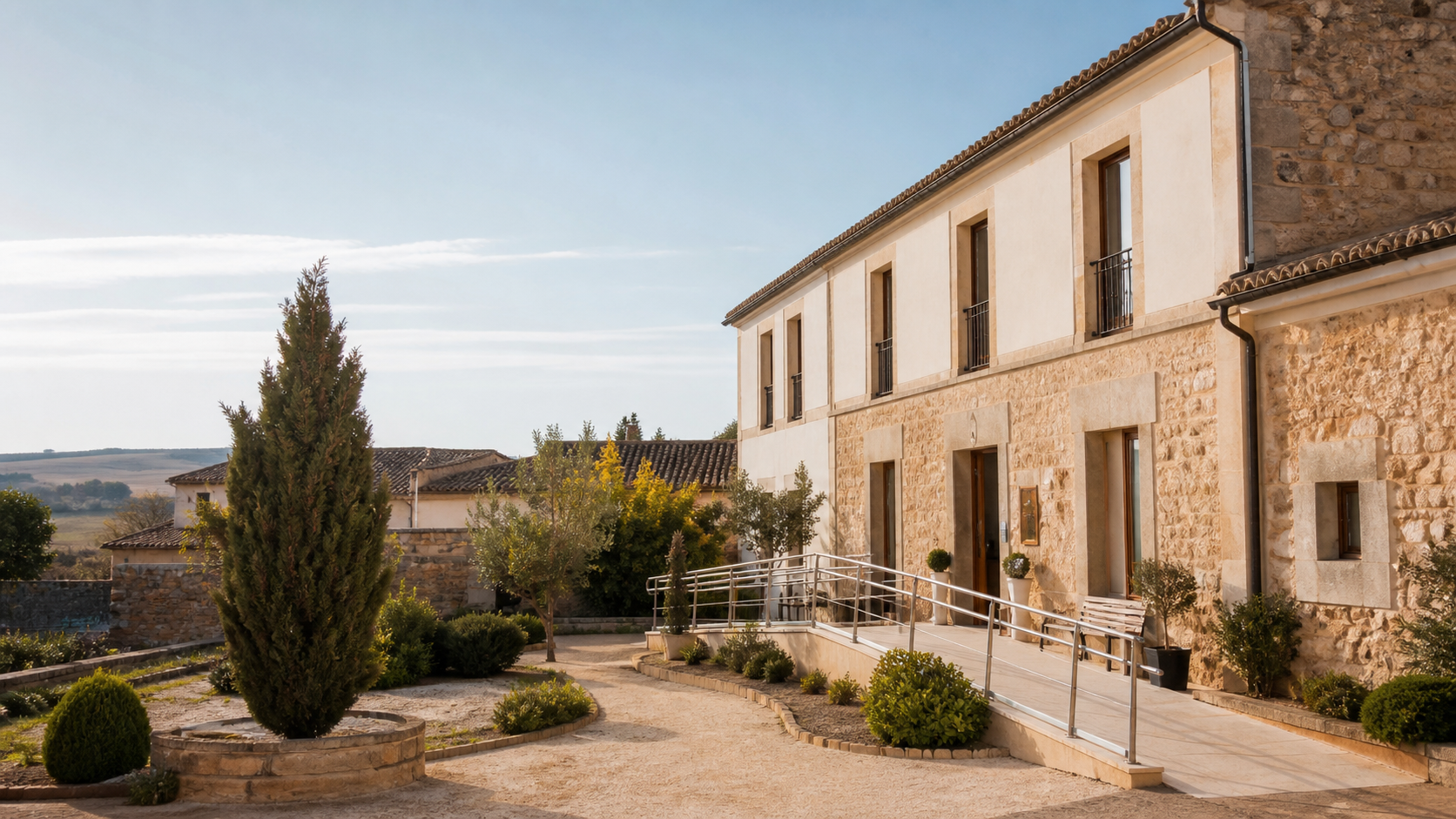 Edificio rural de piedra y yeso con acceso accesible y jardín